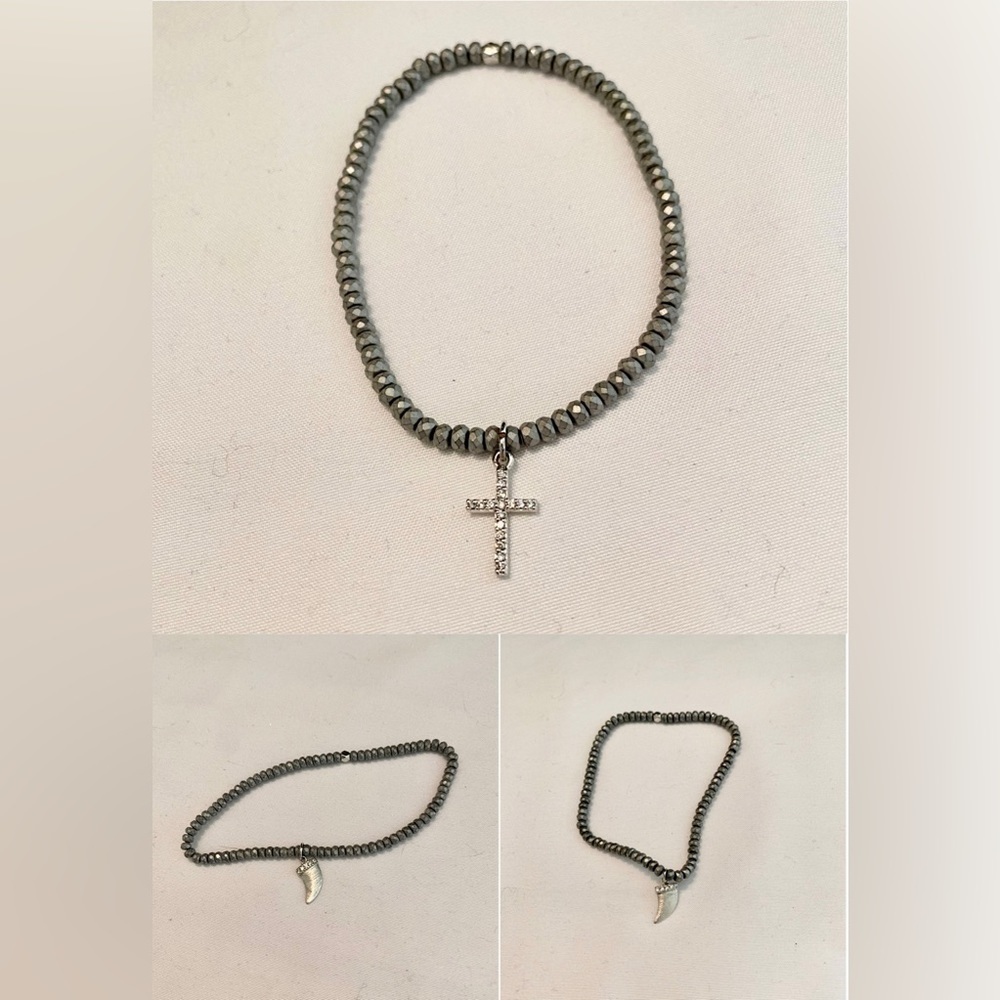 SET OF 2 TAI Gunmetal Gray Small Bead Bracelets Crystal Horn & Cross